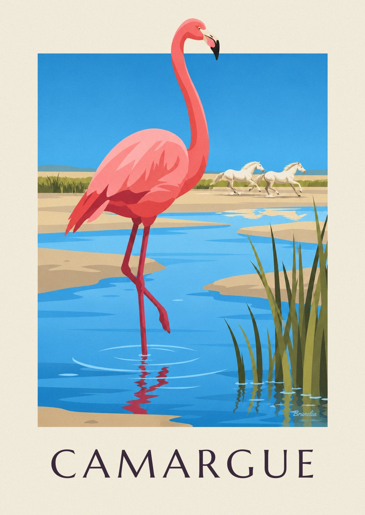 Pink flamingo and wild Camargue horses poster