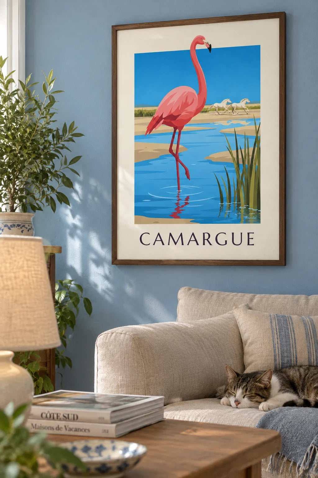 Pink flamingo and wild Camargue horses poster on the wall
