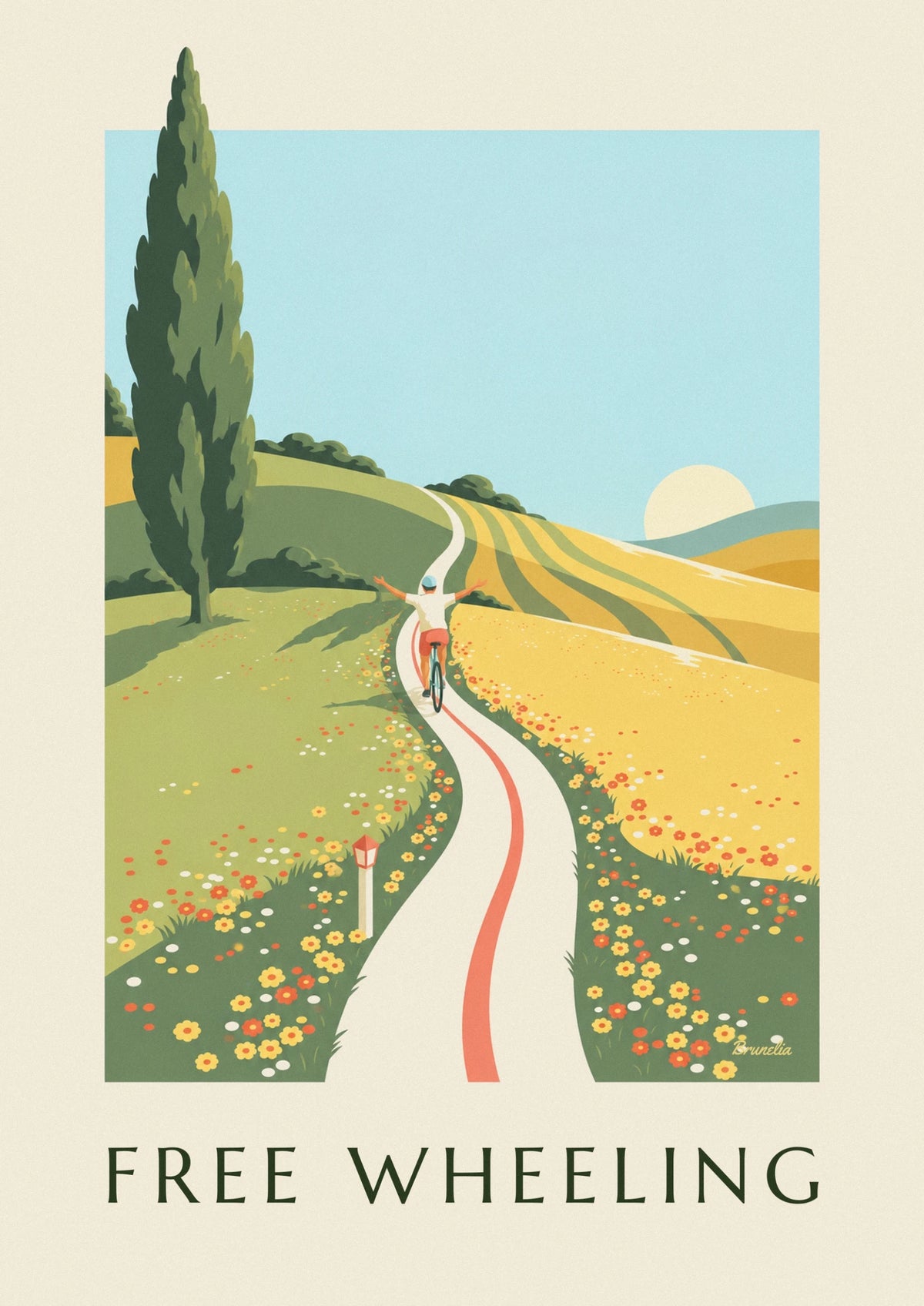 Cyclist with open arms on a flowery hill road poster