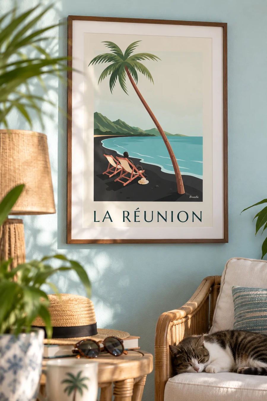 Poster ligstoelen met uitzicht op zee op La Réunion: ingelijst aan de muur