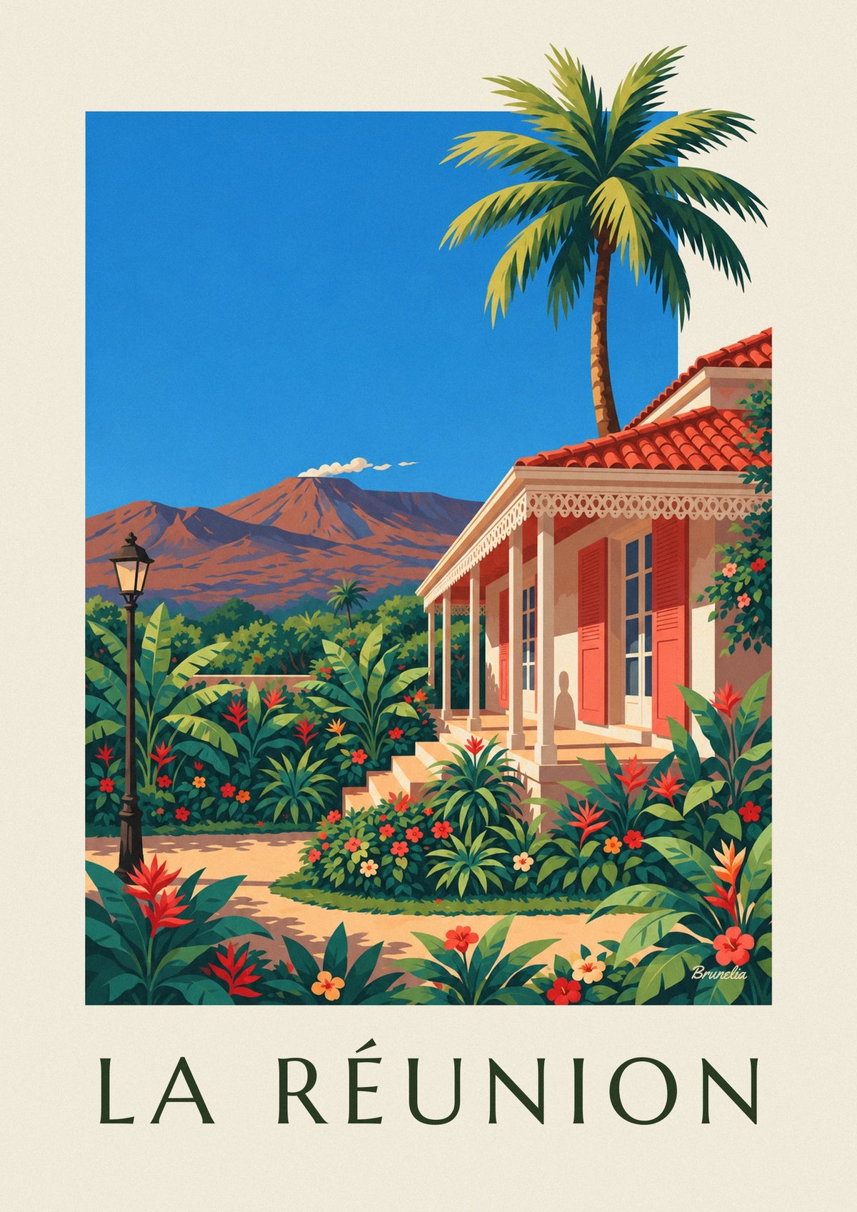 Poster Creools huisje en Piton de la Fournaise op Réunion