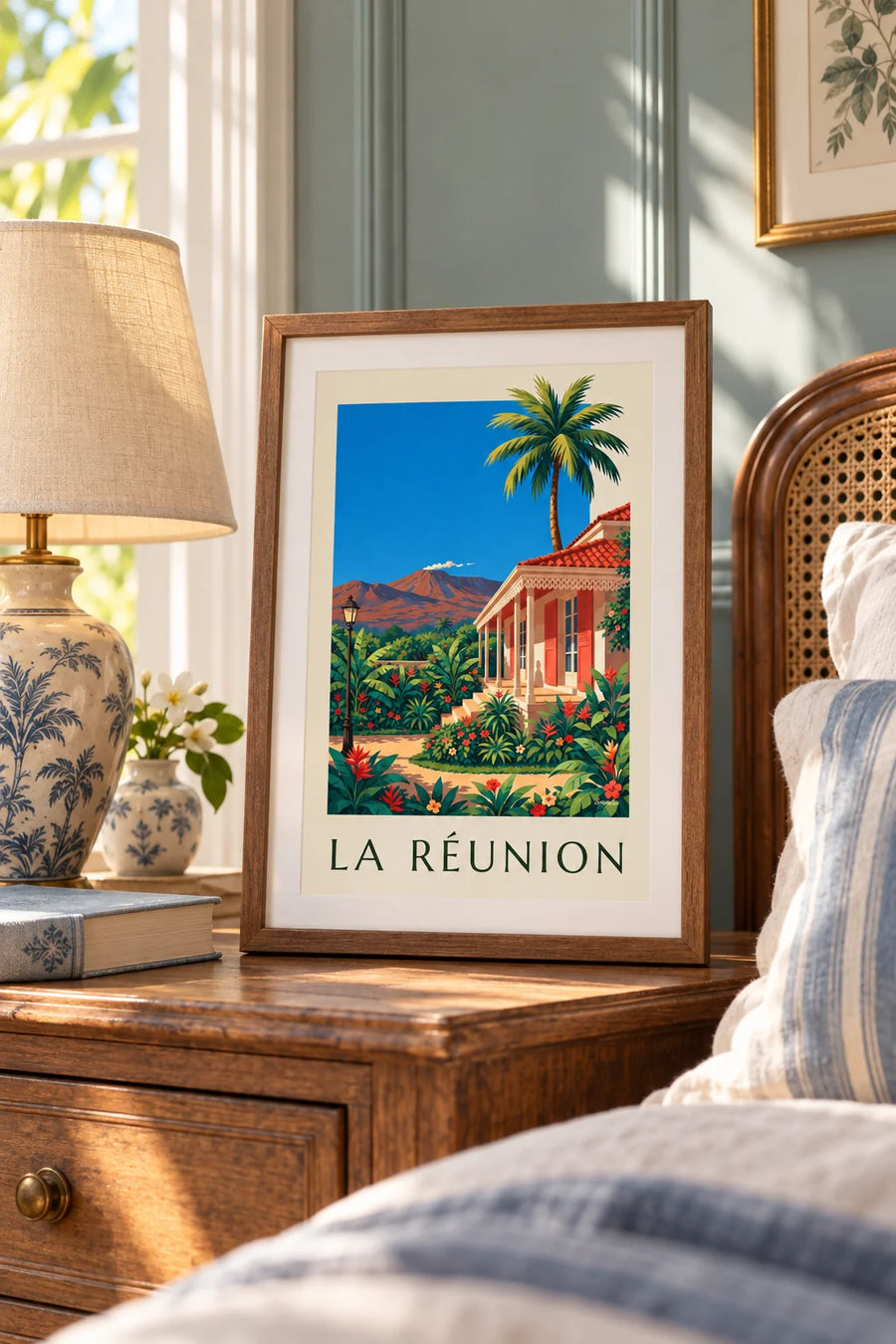 Poster Creoolse huisjes en Piton de la Fournaise op La Réunion: klein formaat A4 ingelijst