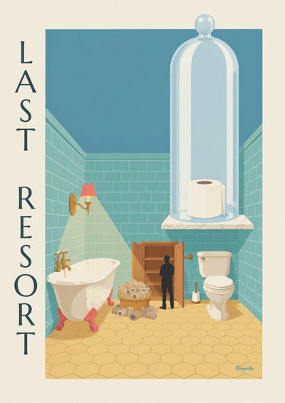 Humoristische poster laatste rol toiletpapier onder een glazen stolp: de hele poster