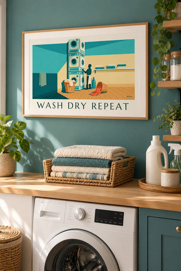 Poster Laundry Room met wasmanden en wasmachines : ingelijst aan de muur