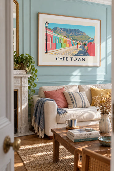 Poster kleurrijke huizen van Bo-Kaap in Kaapstad en de Tafelberg: ingelijst aan de muur
