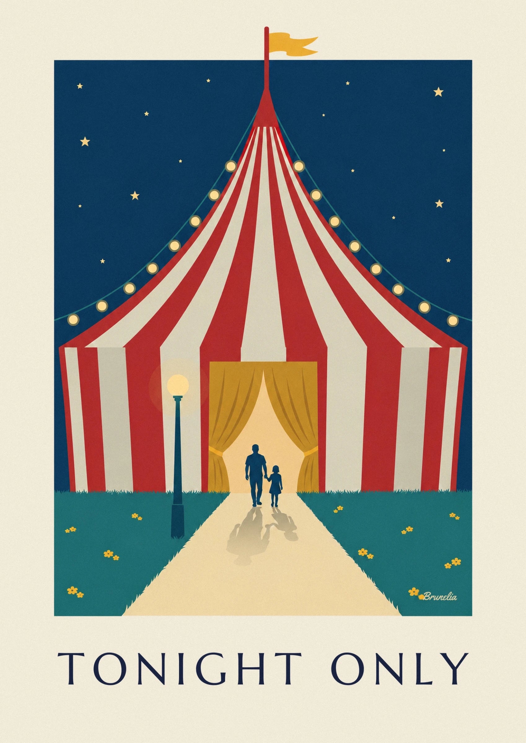 The top of the red and cream striped big top, lined with fairy lights