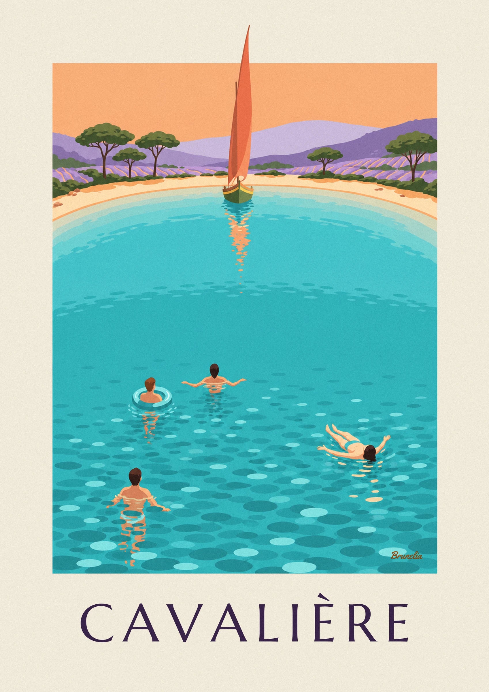 The orange sailing boat on turquoise water, in front of the beach and lavender fields