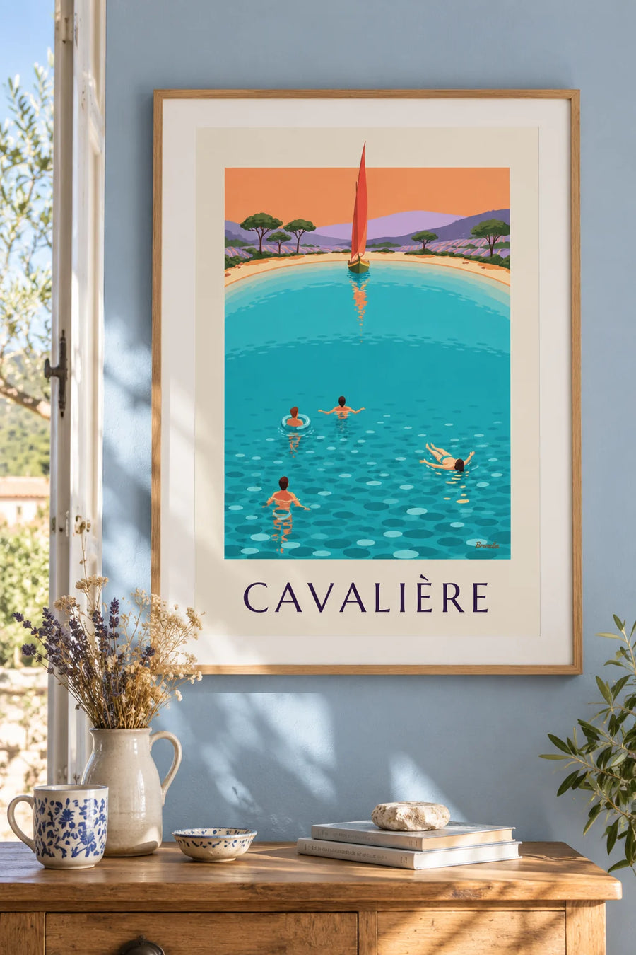 Poster of Cavalière beach and pines in Le Lavandou at sunset: framed on the wall