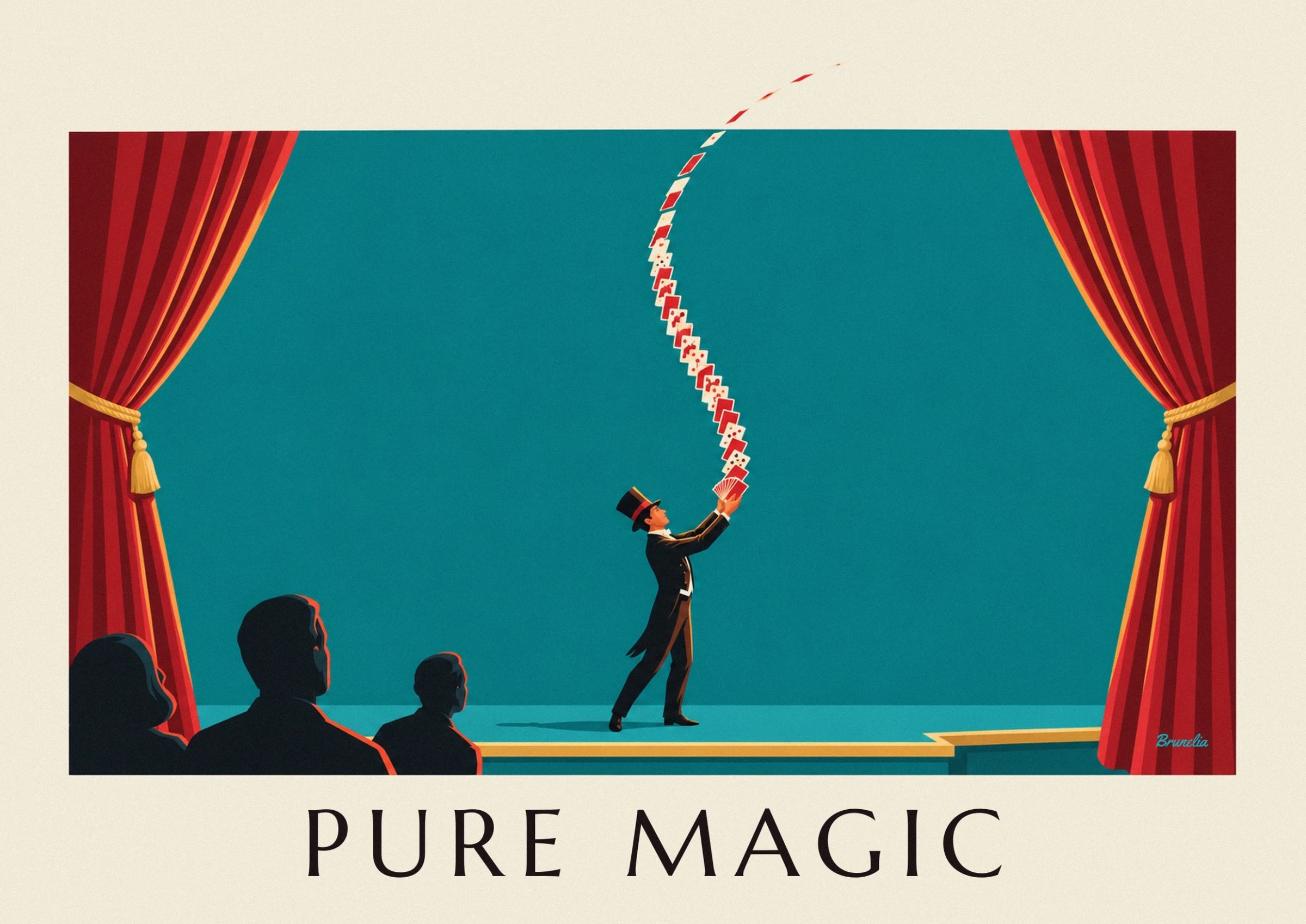The magician in black tails and a top hat, his hands raised towards his cards