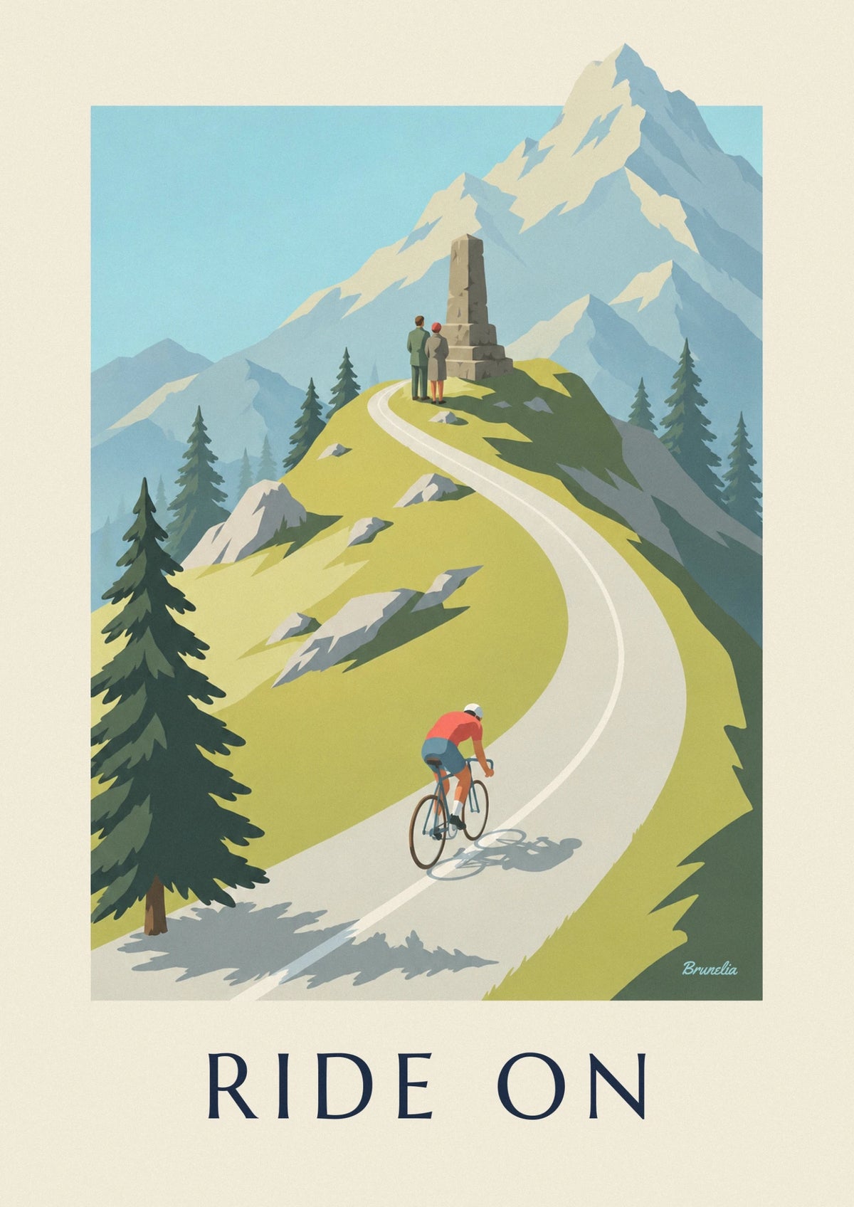 Cyclist climbing a mountain pass poster
