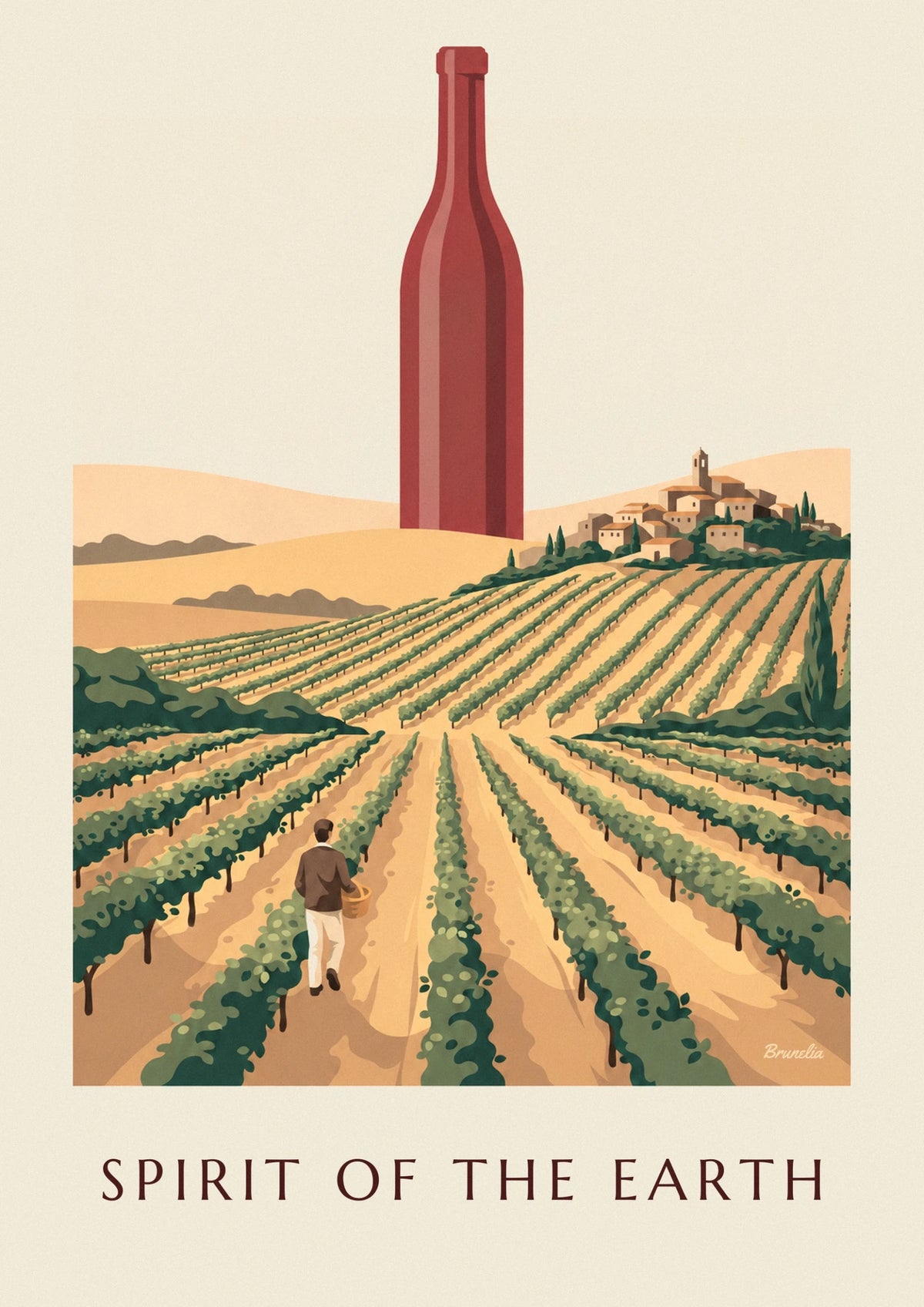 Affiche bouteille de vin rouge au milieu des vignes de campagne