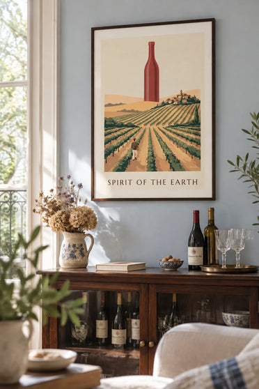 Poster of a bottle of red wine among countryside vineyards: framed on the wall