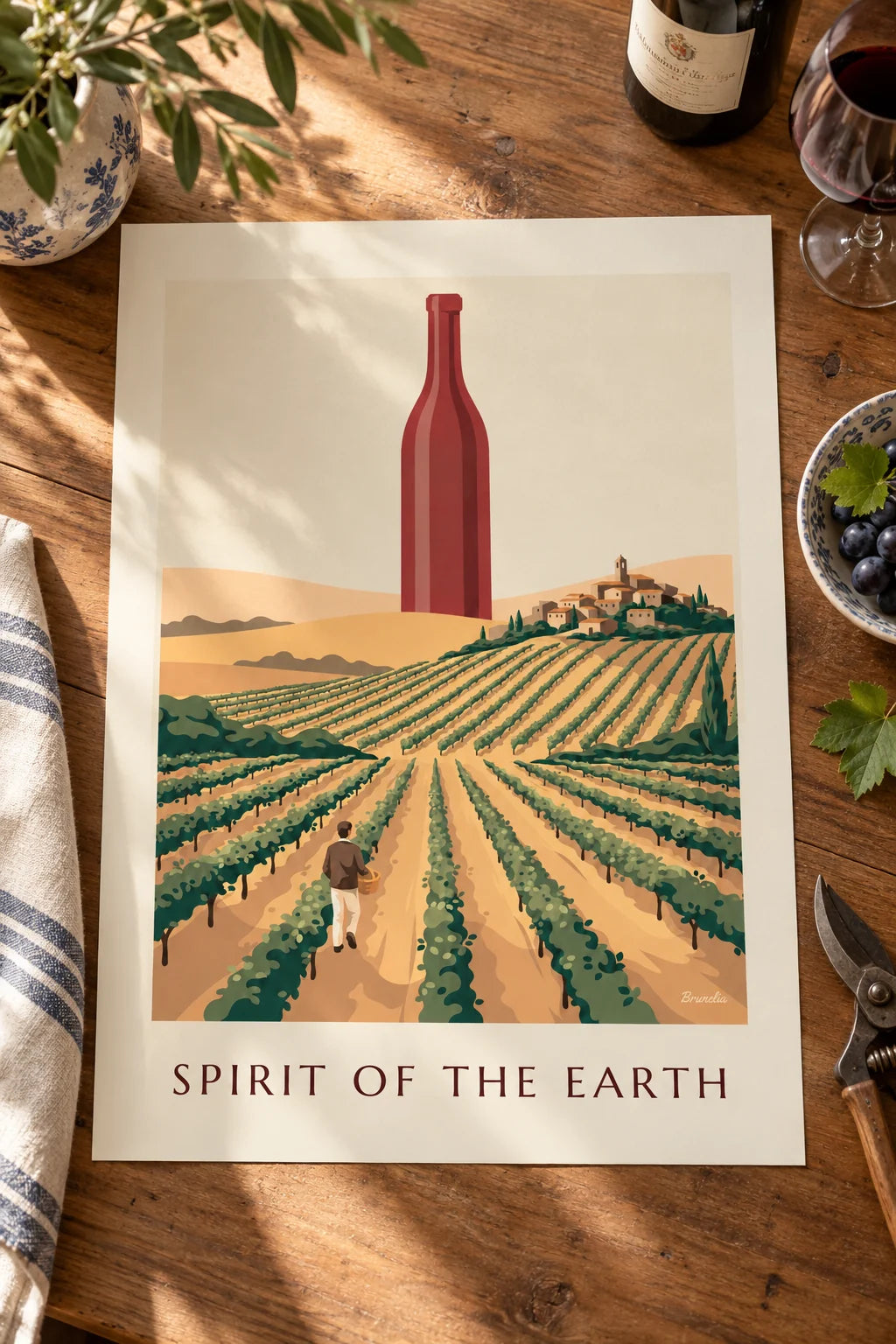 Keuken: sfeerbeeld van Poster fles rode wijn midden in de wijngaarden op het platteland