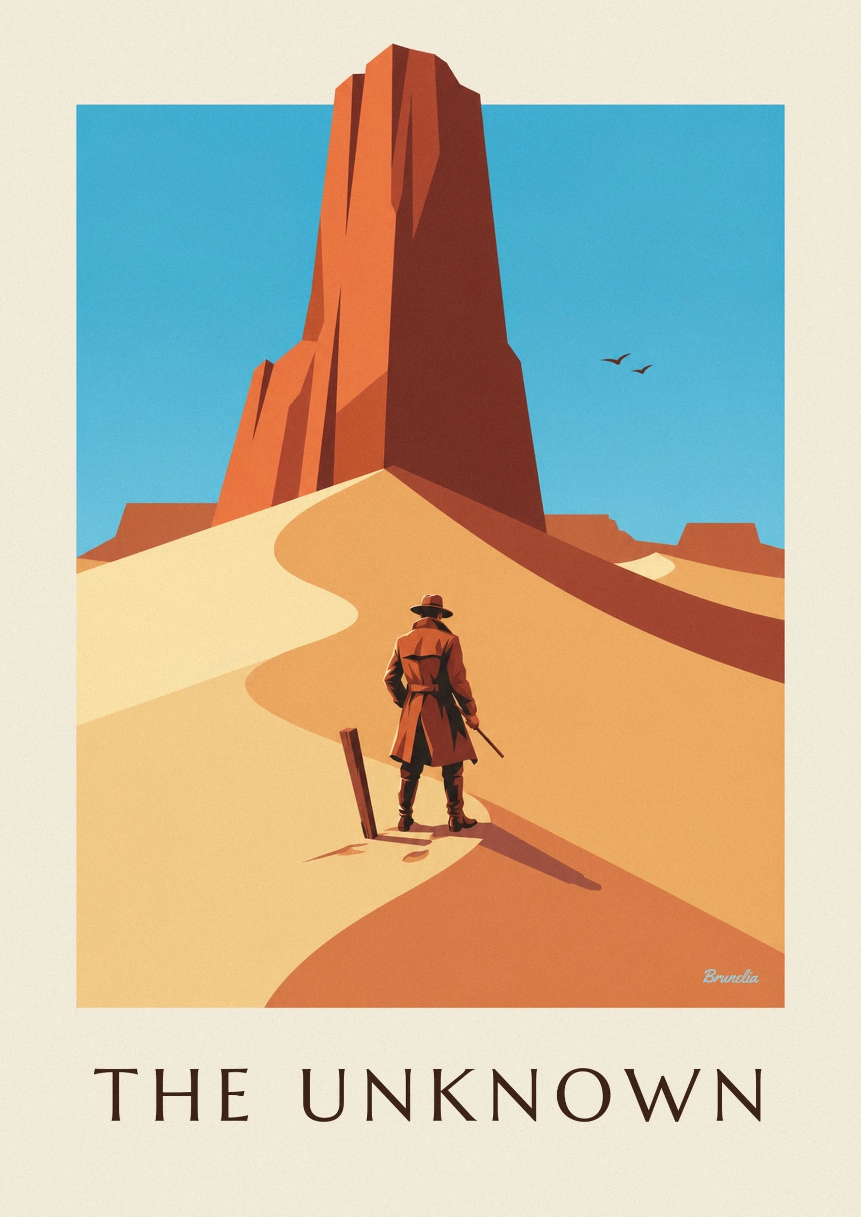 The adventurer seen from behind, in a hat and long brown coat, on the sandy ridge near a stake