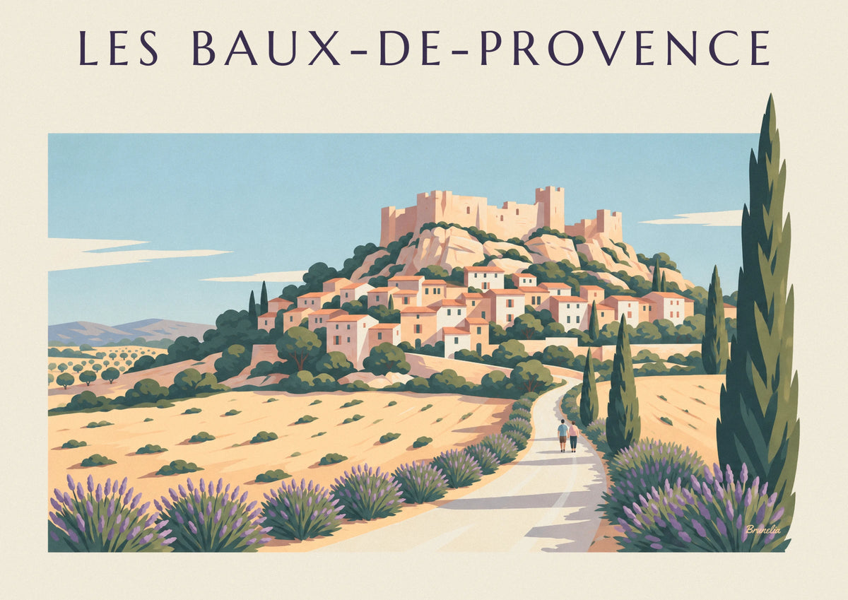 Affiche village des Baux-de-Provence, lavandes et cyprès