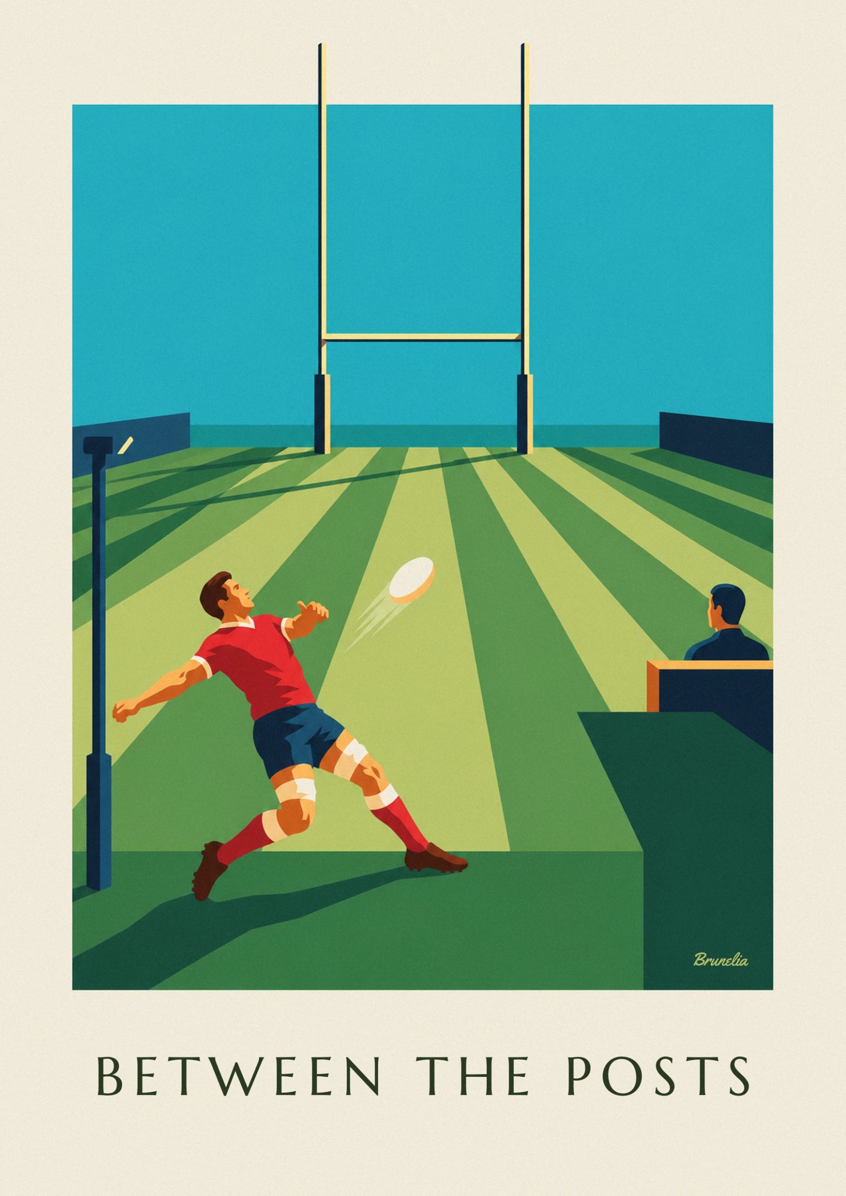 The kicker in a red shirt and blue shorts, arms outstretched, watching his ball