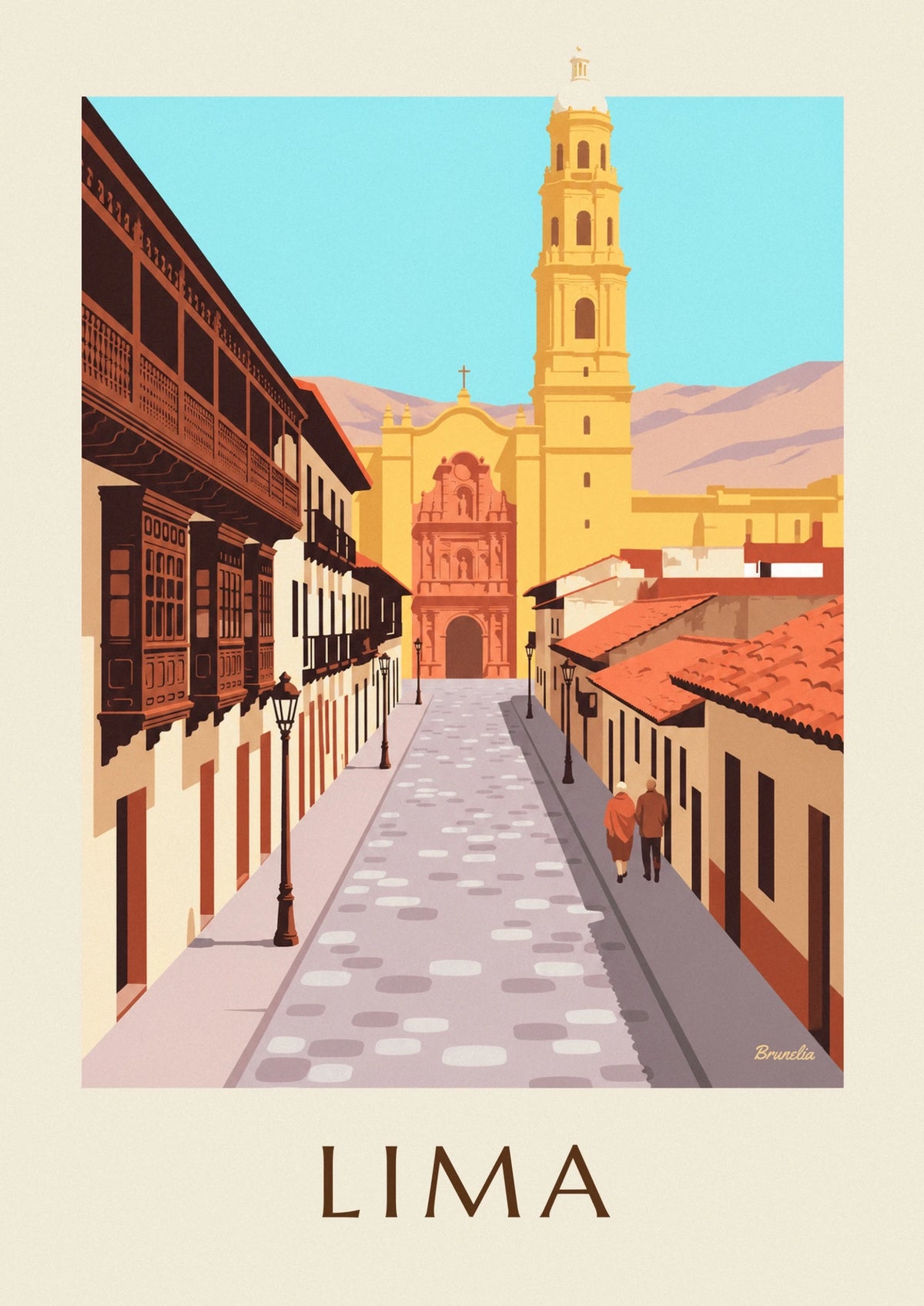 Colonial street in Lima and San Francisco basilica poster