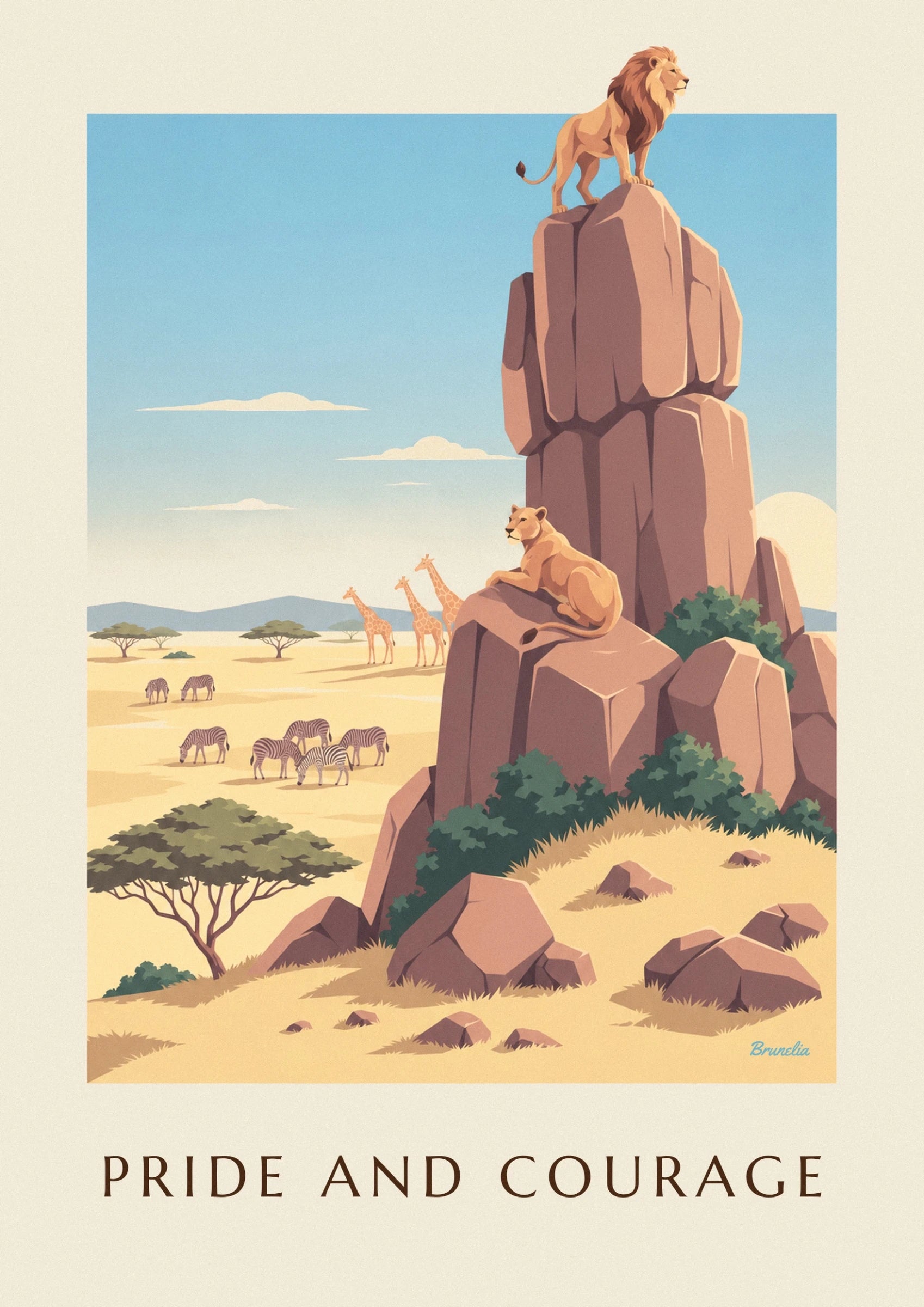 The lion with a brown mane standing on top of a tall ochre rock