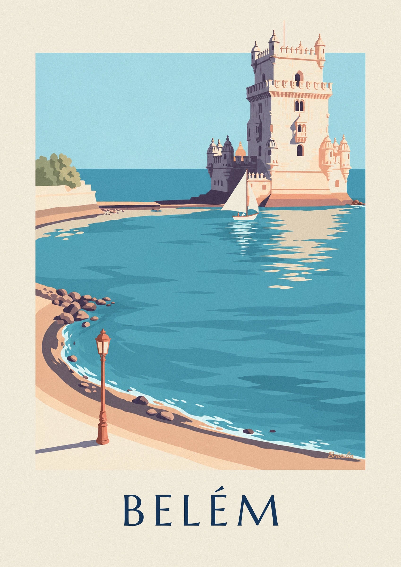 La tour de Belém en pierre claire et son voilier blanc sur le Tage