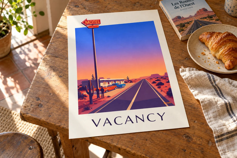 Poster neonbord van een motel langs een woestijnweg: op een tafel