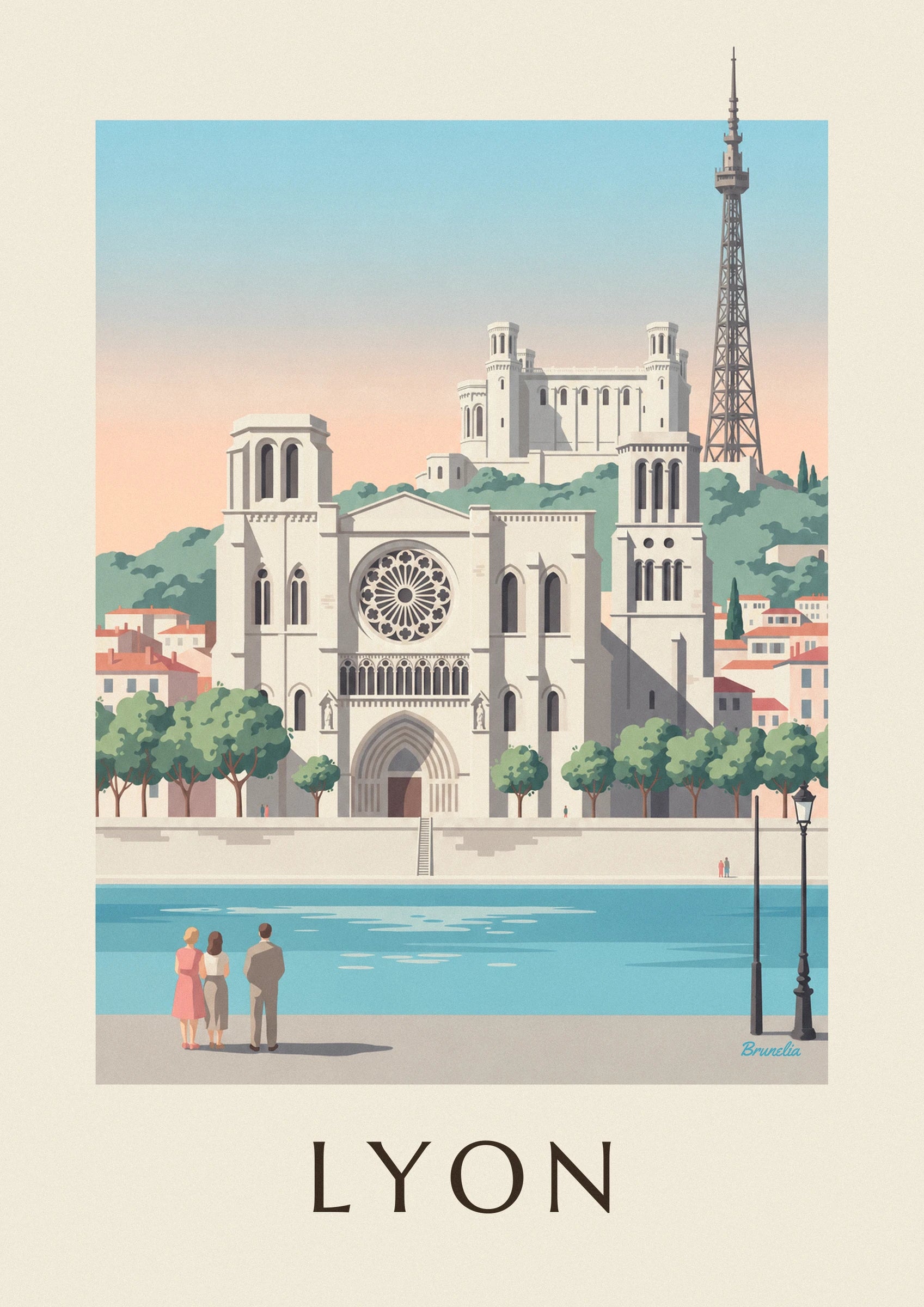 Saint-Jean Cathedral and Saône quays in Lyon poster: close-up detail