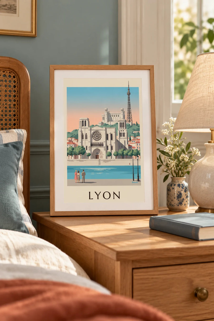 Poster Saint-Jean-kathedraal en Saône-kades in Lyon: klein formaat A4 ingelijst
