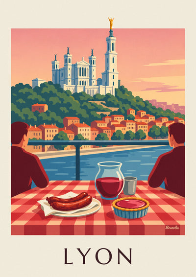 Poster bouchon lyonnais tegenover de Saône en Fourvière: de hele poster