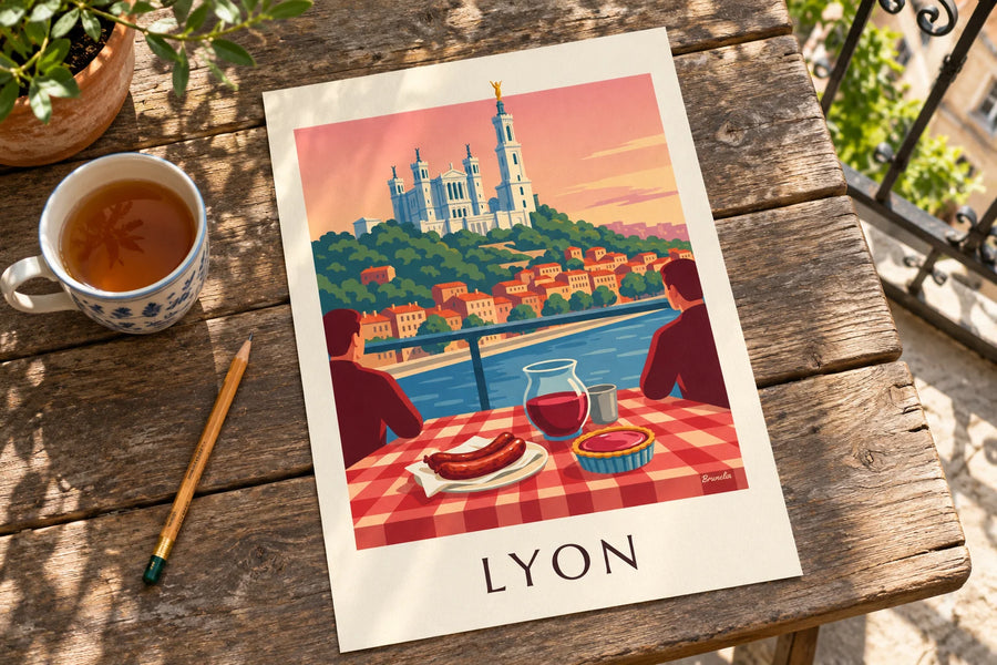 Poster bouchon lyonnais tegenover de Saône en Fourvière: op een tafel