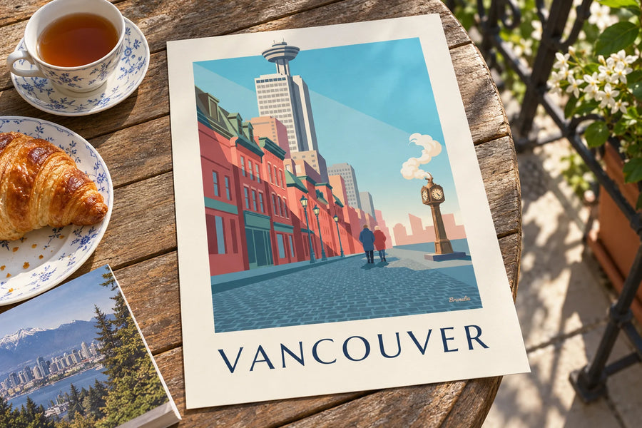 Poster stoomklok van Gastown in Vancouver: op een tafel