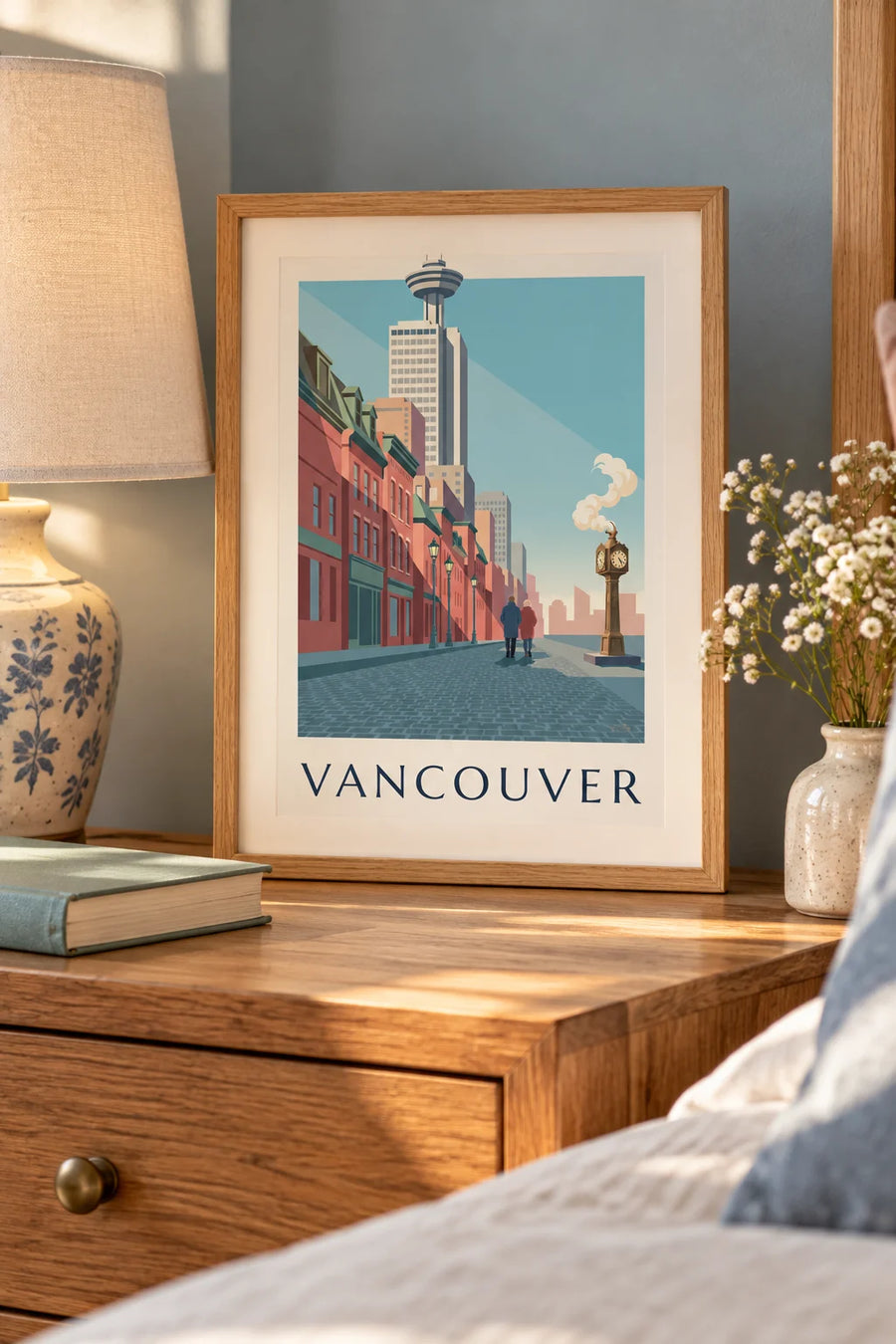 Poster met stoomklok van Gastown in Vancouver: klein formaat A4 ingelijst
