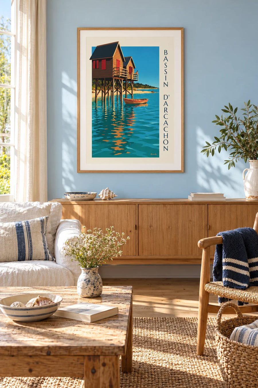 Poster huisjes op palen aan het Bassin d’Arcachon bij schemering: ingelijst aan de muur