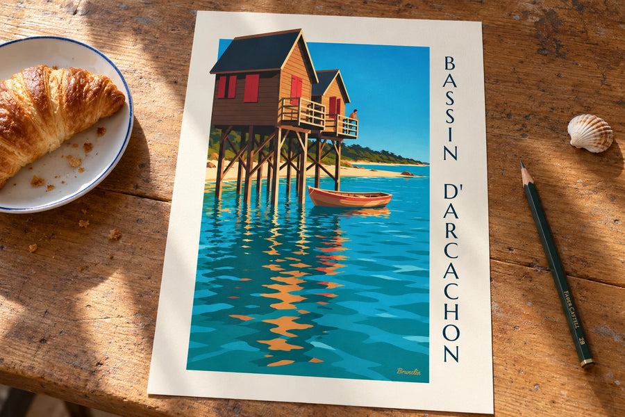 Poster paalhuisjes (cabanes tchanquées) van het Bassin d'Arcachon in de schemering: op een tafel