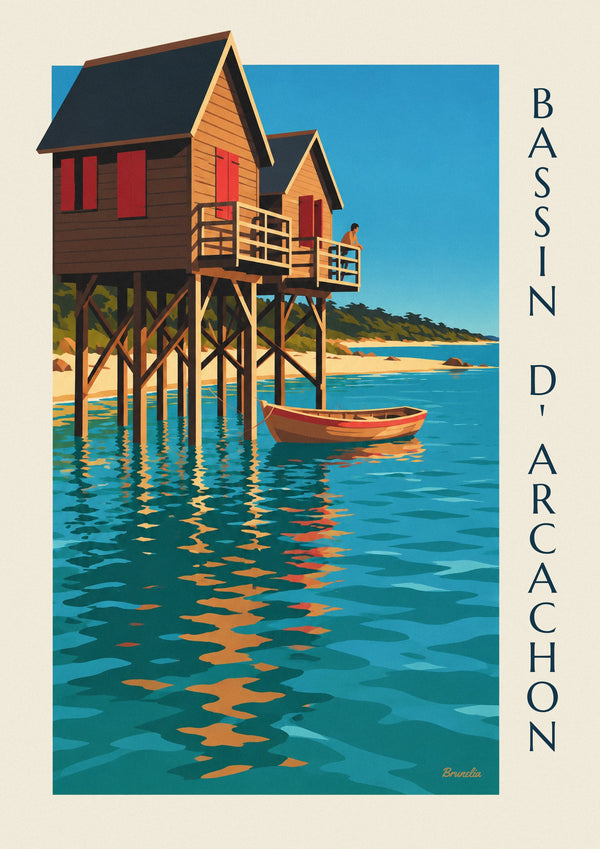 Affiche cabanes tchanquées du bassin d’Arcachon au crépuscule