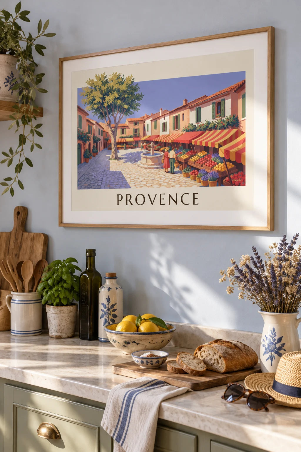Mise en situation de Affiche marché provençal avec étals de fruits et légumes