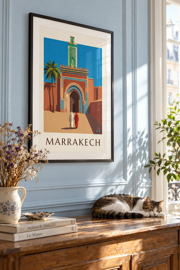 Poster Bab Agnaou-poort en minaret in Marrakech: ingelijst aan de muur
