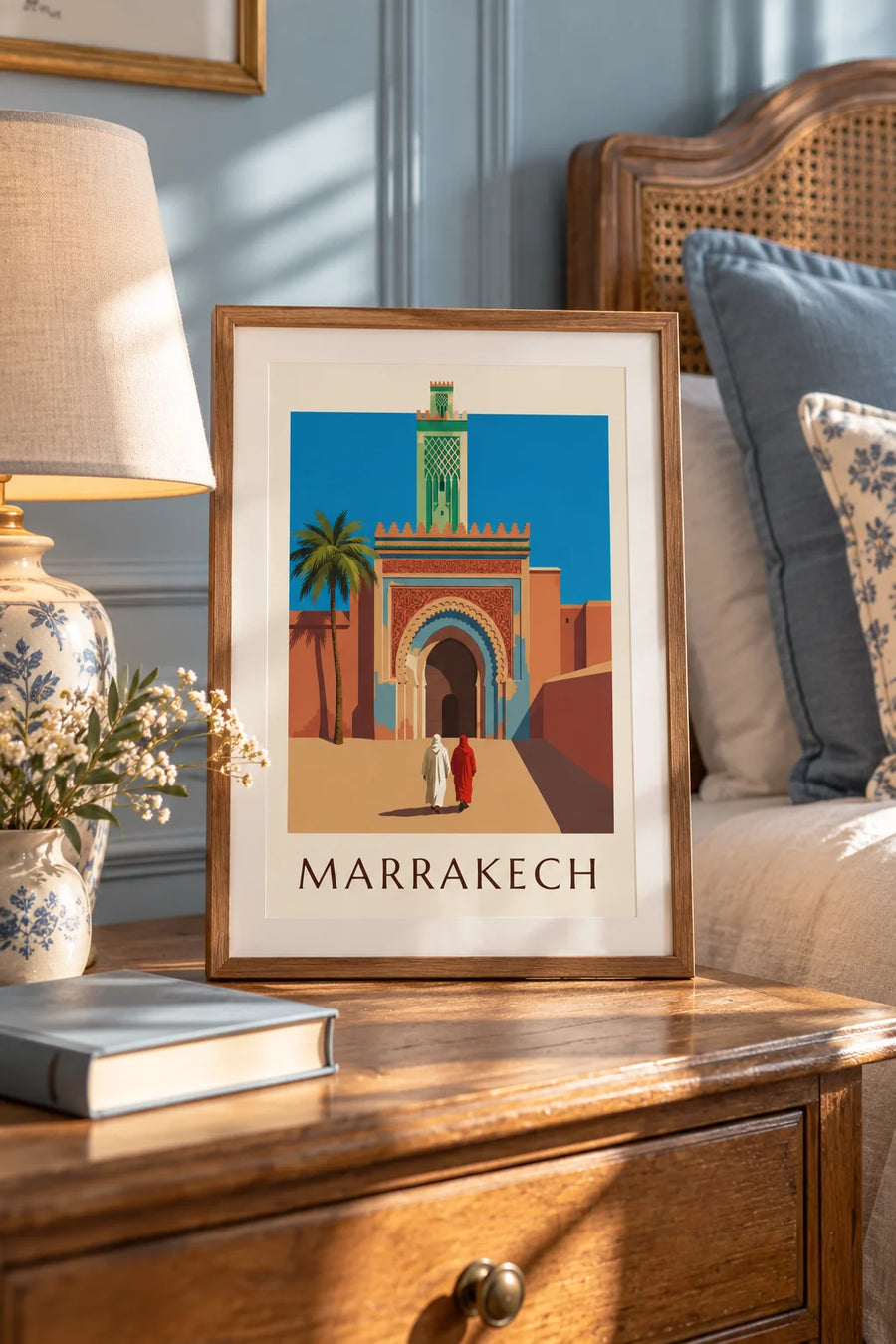 Poster van de poort Bab Agnaou en een minaret in Marrakesh: klein A4-formaat in lijst