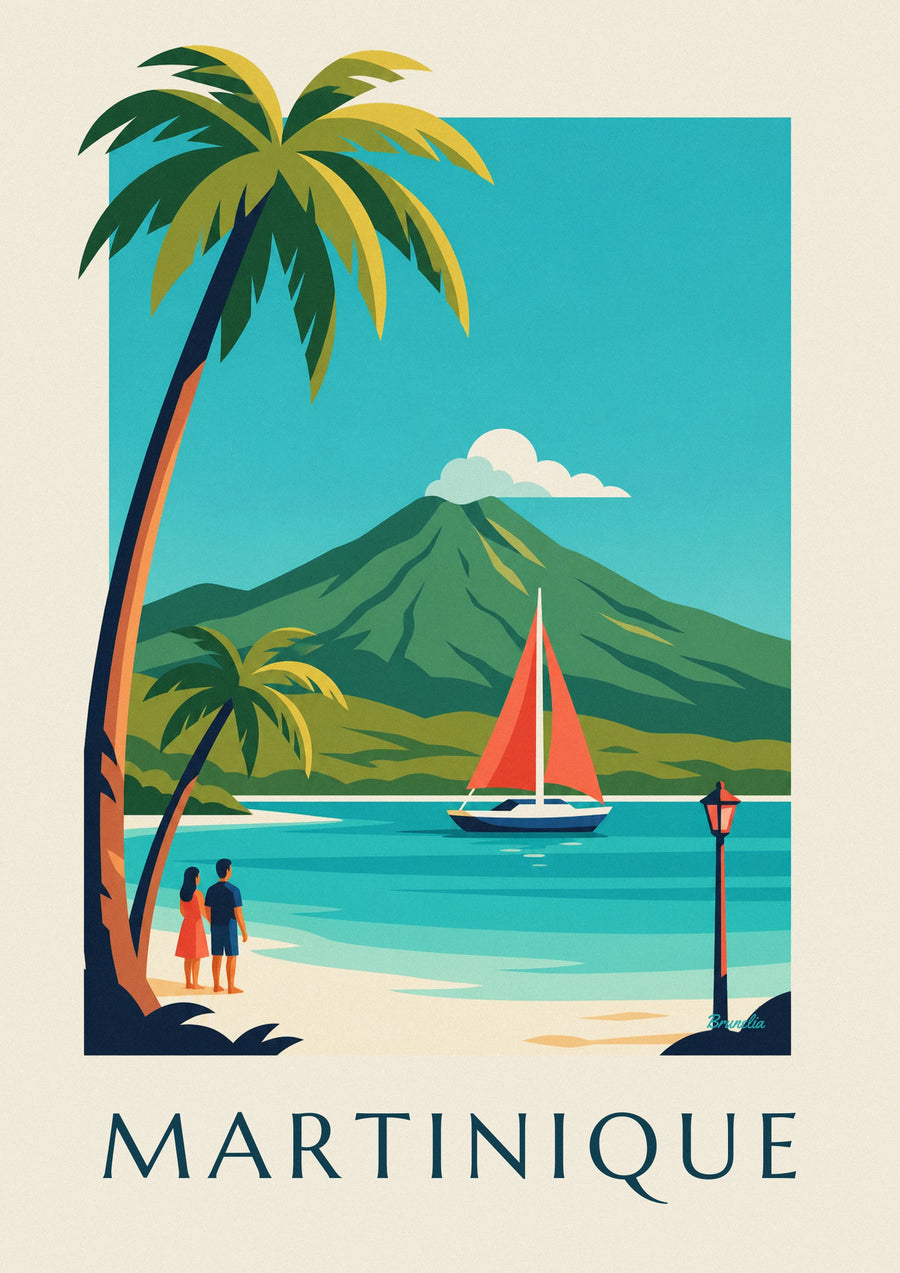 Poster zeilboot in een baai van Martinique en Montagne Pelée