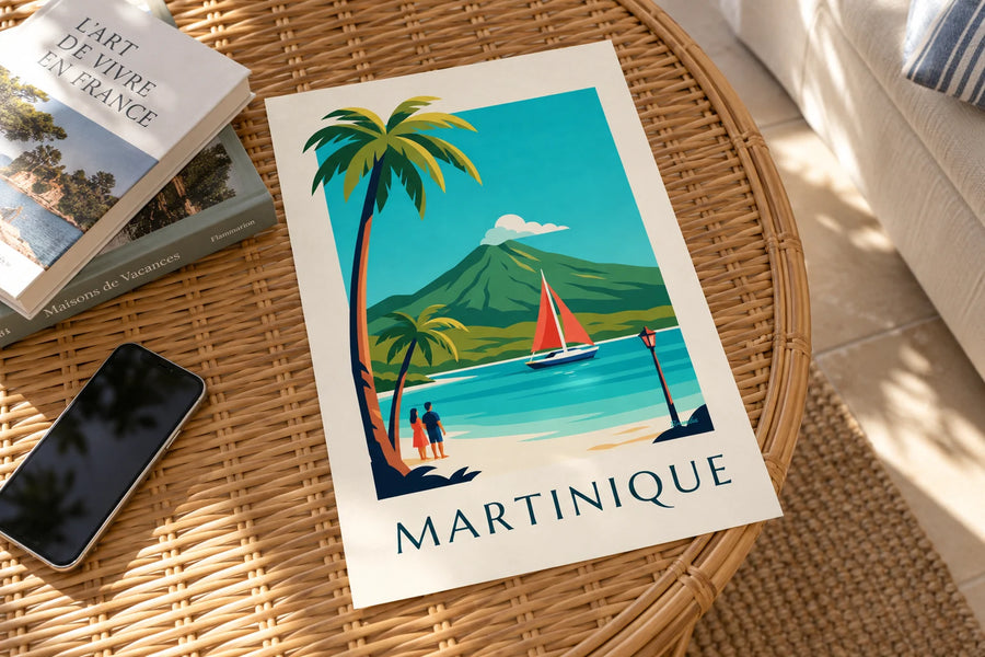 Poster zeilboot in een baai op Martinique en Montagne Pelée: op een tafel