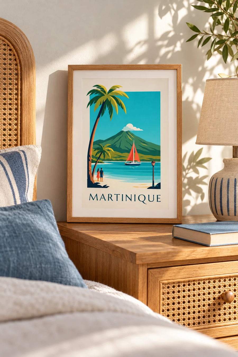 Poster zeilboot in een baai op Martinique en Montagne Pelée: klein formaat A4 ingelijst