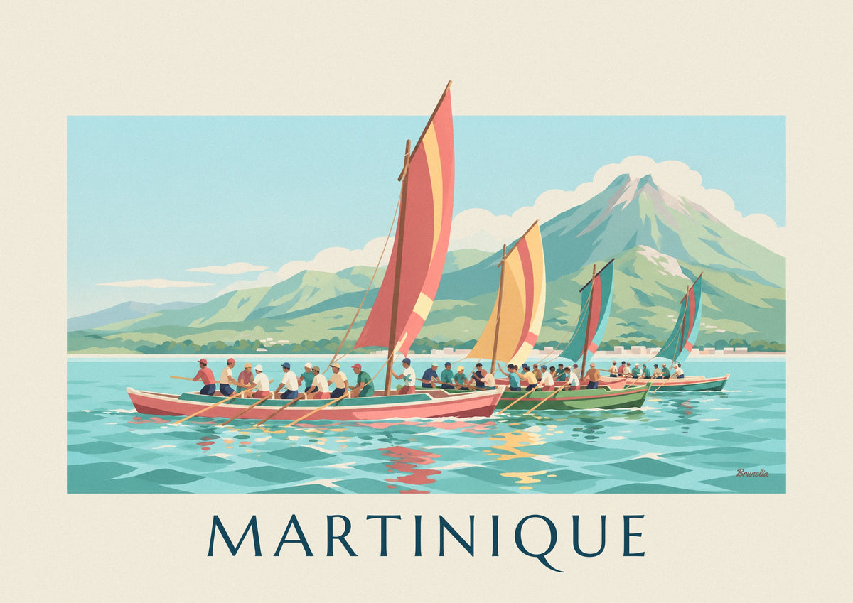 Poster yoles rondes in wedstrijd voor de kust van Martinique