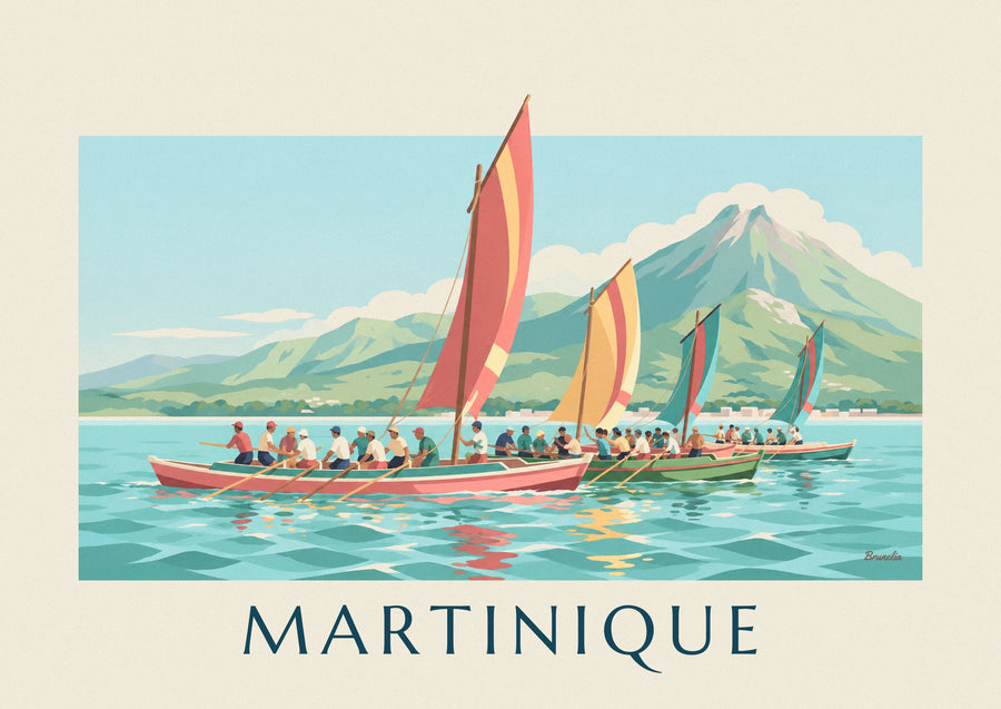 Poster yoles rondes in wedstrijd voor de kust van Martinique