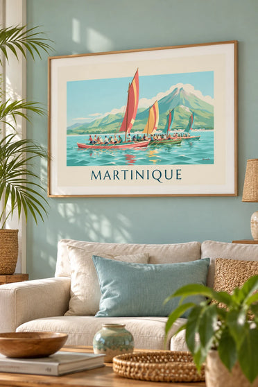 Poster yoles rondes in wedstrijd voor de kust van Martinique : ingelijst aan de muur