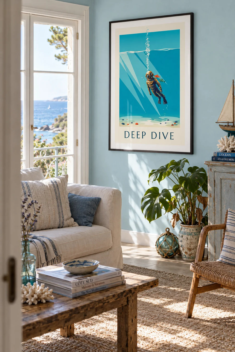 Poster of a diver in a futuristic chrome helmet under the sea: framed on a wall
