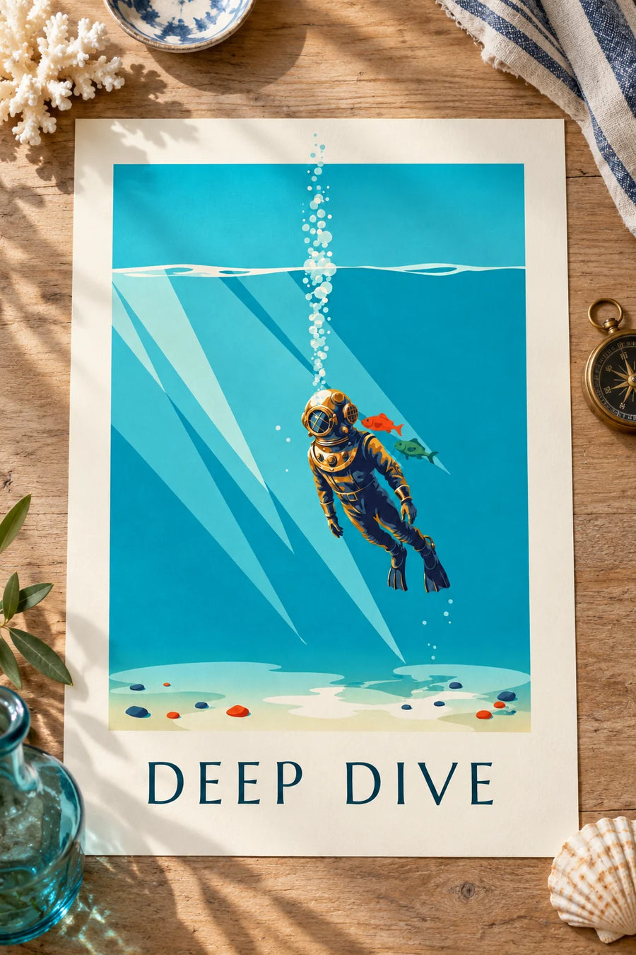 Poster of a diver in a futuristic chrome helmet under the sea: resting on a table