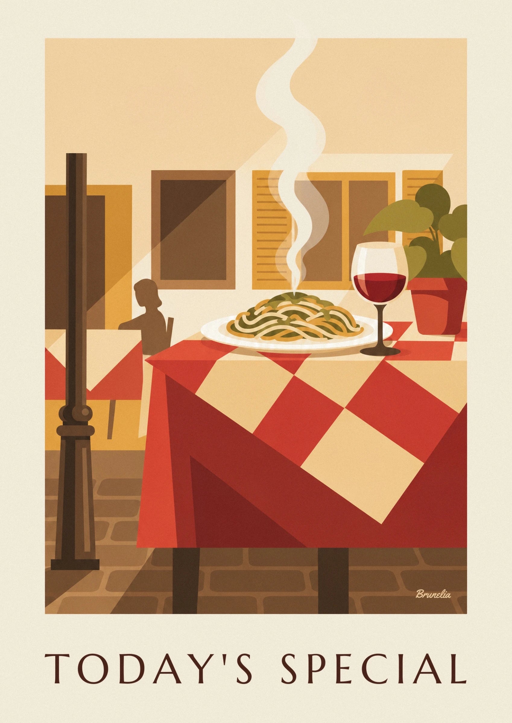 A plate of steaming spaghetti on a red and cream checked tablecloth