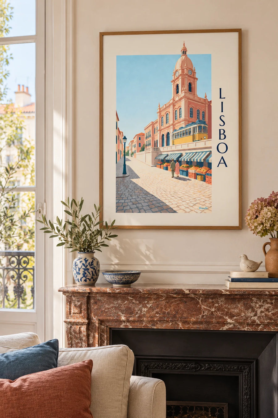 Poster Mercado da Ribeira in Lissabon met gele tram : ingelijst aan de muur
