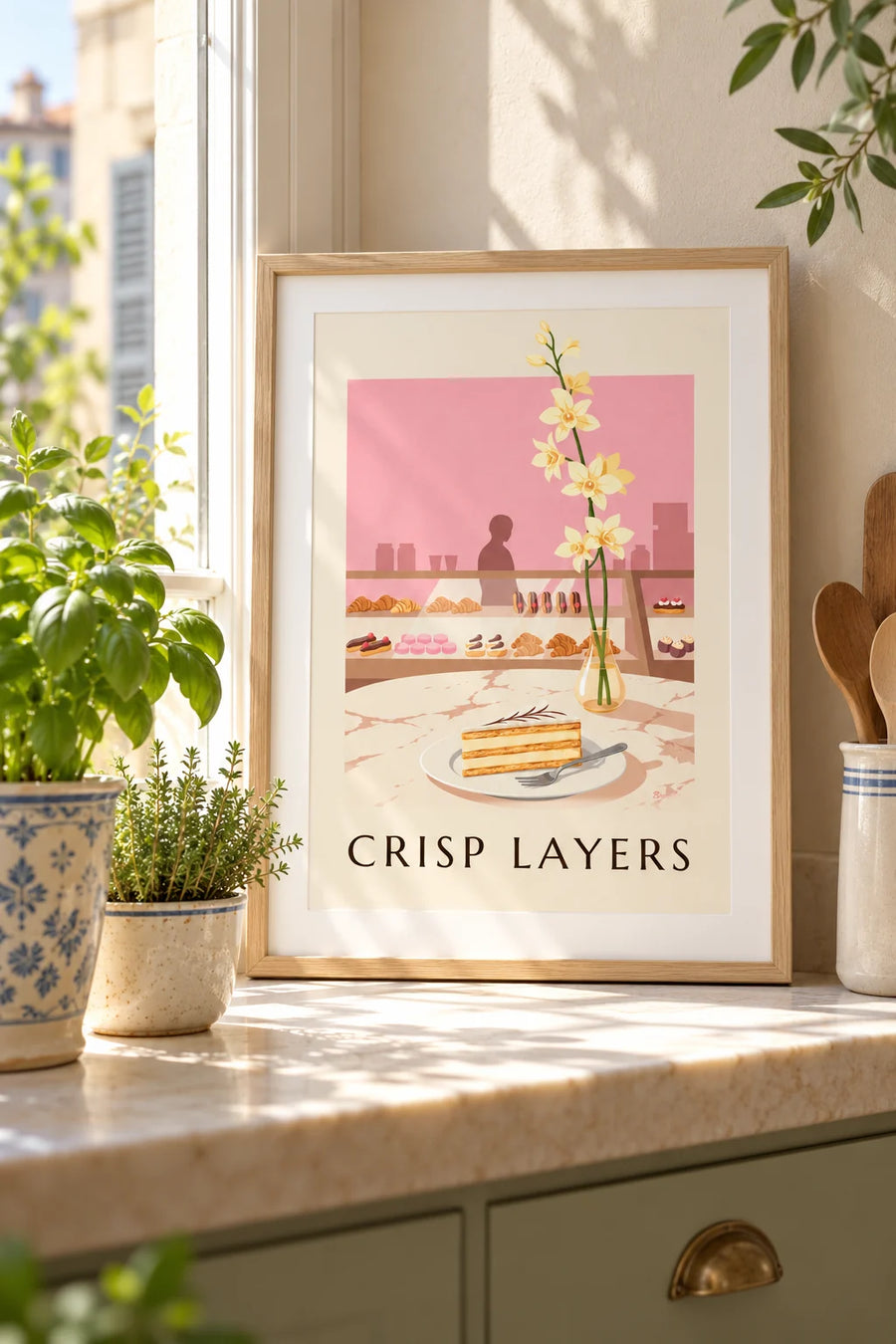 Poster van een stuk vanillemille-feuille in een patisserie: klein formaat A4 ingelijst