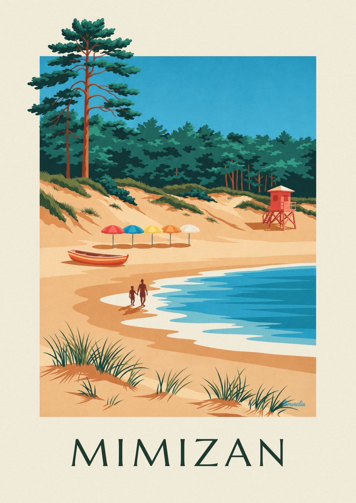 Mimizan colorful parasols and pine forest poster