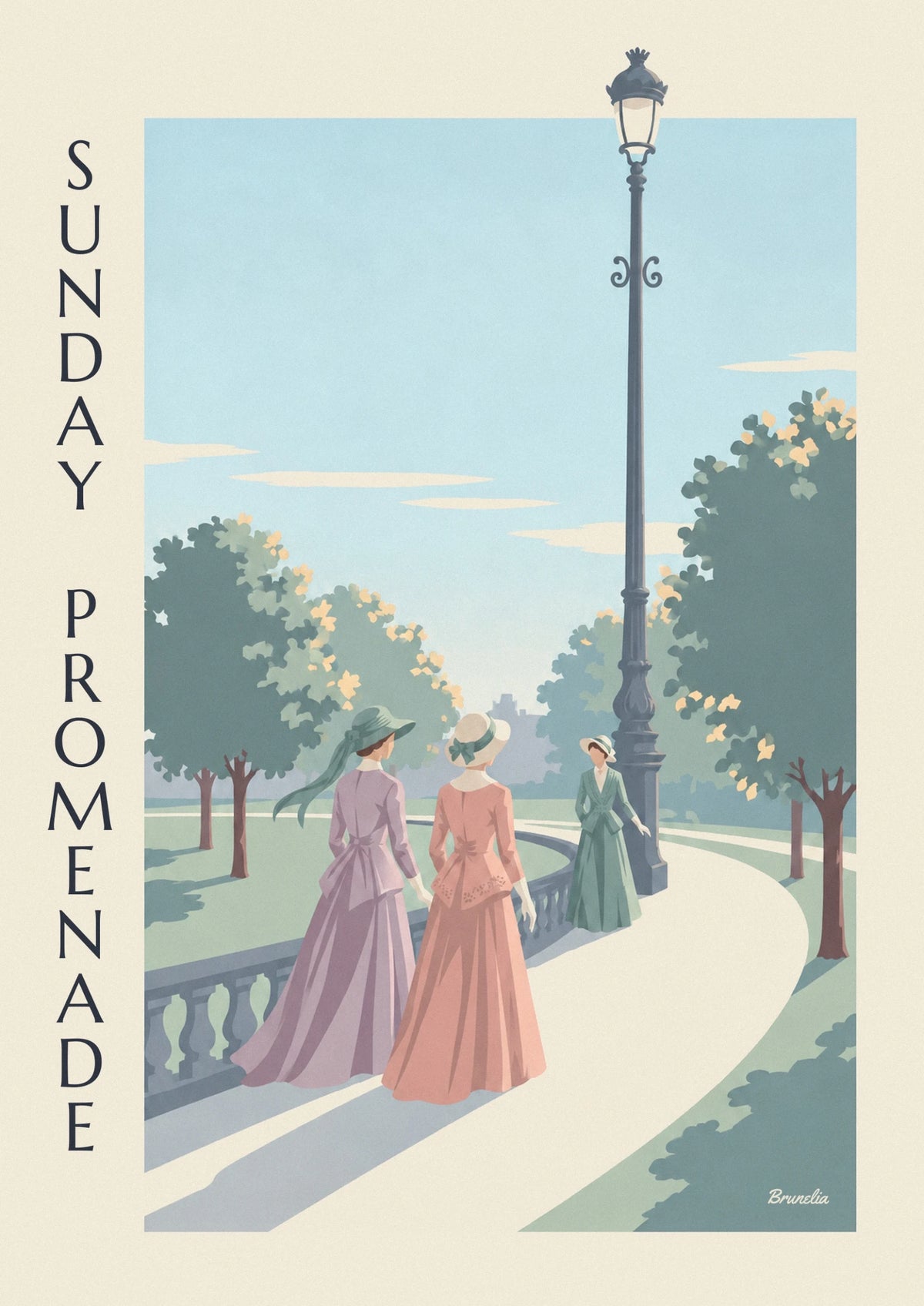 Ladies in long dresses strolling in a park poster