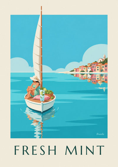 Poster mojito aan boord van een klein zeilbootje in een turquoise baai: de hele poster